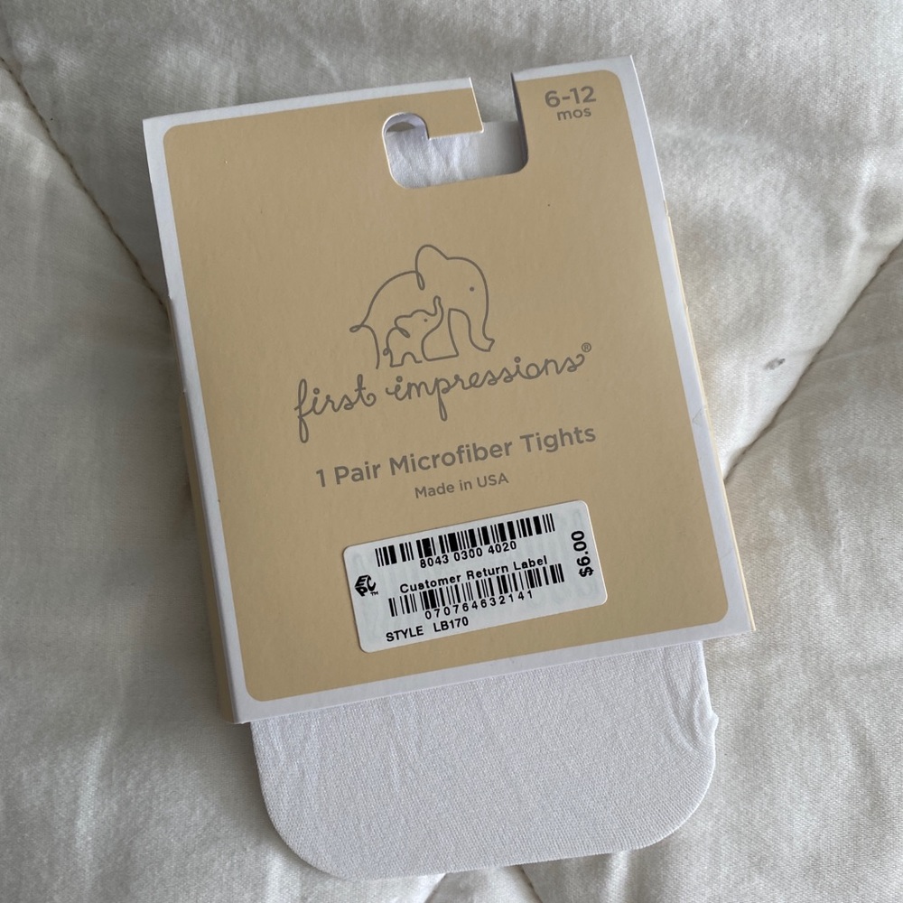 First impressions white tights, NWT. Size 6-12mo